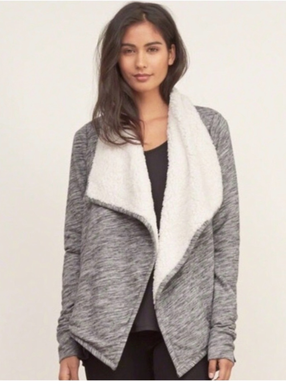 Cozy Open-Front Sherpa-Lined Sweater Cardigan - Gray/White